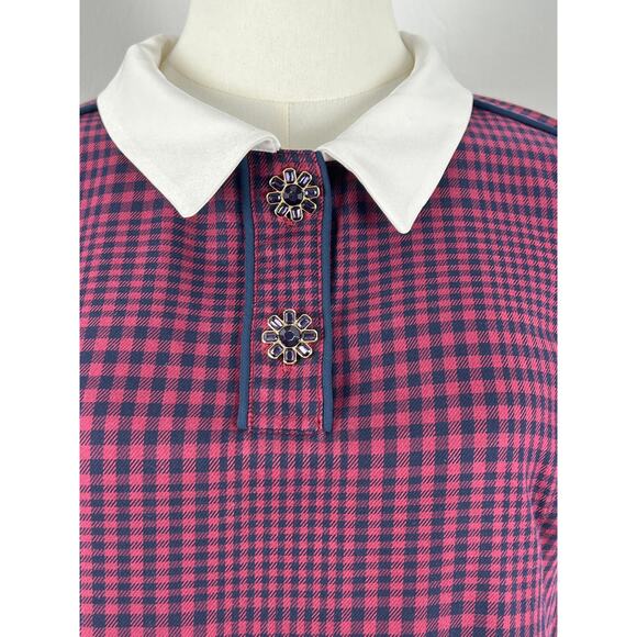 HOUNDSTOOTH MINI DRESS in Navy Burgundy Pleated Drop Waist (Womens: 6-8) - Picture 7 of 16